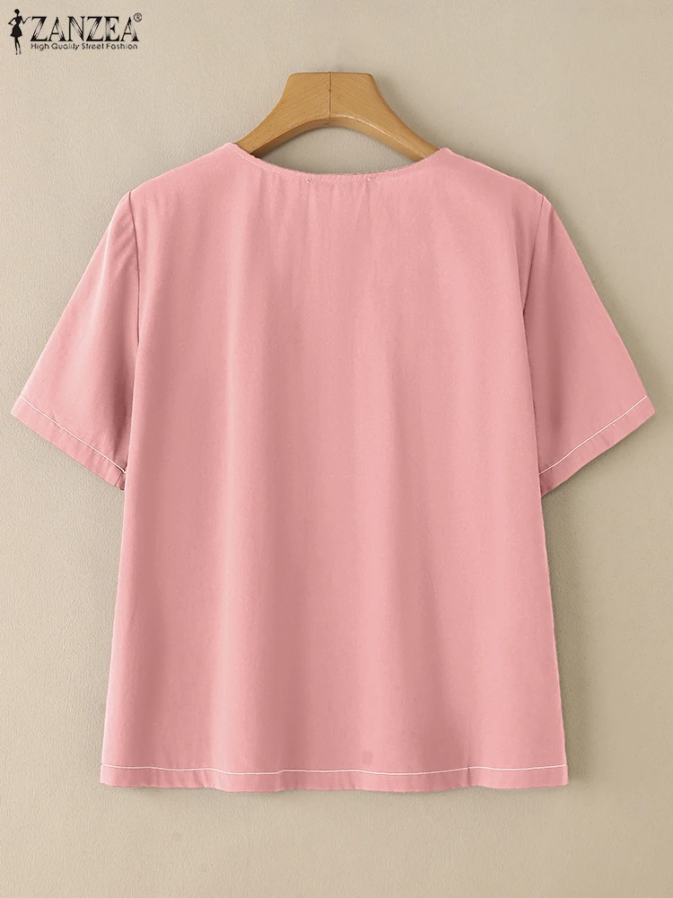 ZANZEA بلوزة صيفية بأكمام قصيرة ورقبة على شكل V قميص نسائي أنيق للعمل OL بلوزات غير رسمية متينة بلوزات فضفاضة قميص كبير الحجم 2025