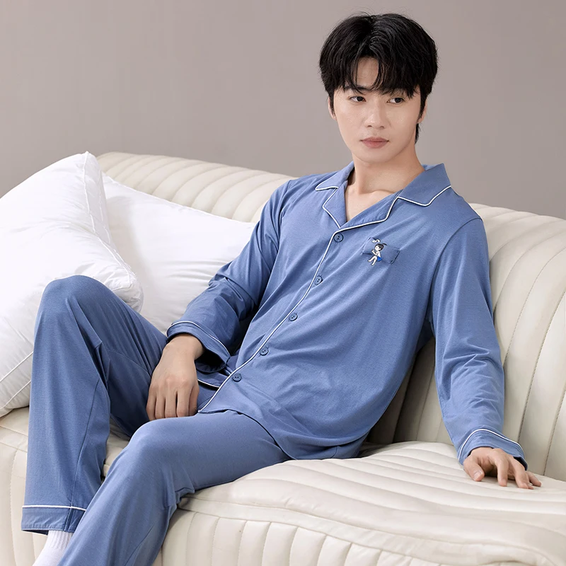 Winter Pajamas Set Men Button-Down Warm Pijamas Hombre Cotton Sleepwear Homeclothes PJ Blue Pyjama 2024 New