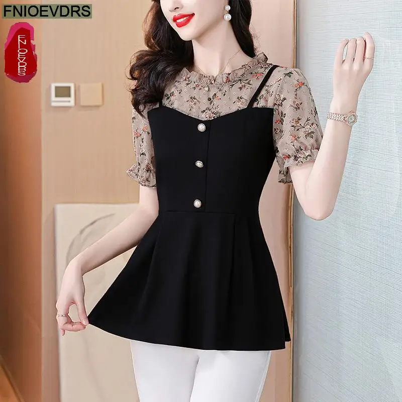 Retro Vintage schiere Mesh Schößchen Tops neues Design Frauen Herbst Büro europäischen Stil gefälschte zweiteilige Tunika Knopf Hemden Bluse