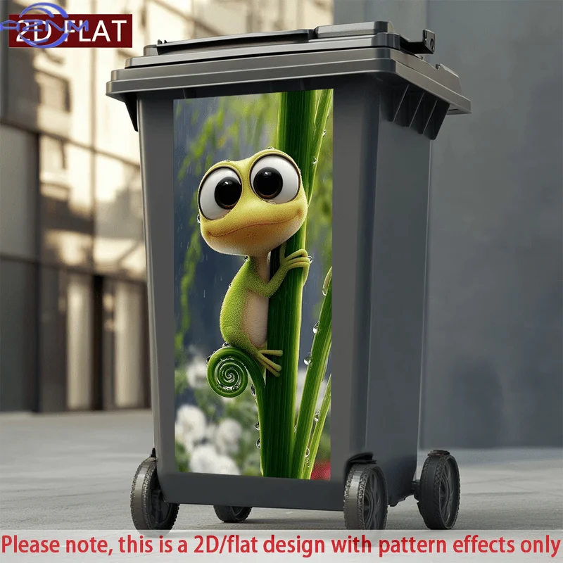 A Single-Piece, Adorable Cartoon Chameleon Sticker for a Trash Can, Made of PVC. This Self-Adhesive, Waterproof, And Scratch-R