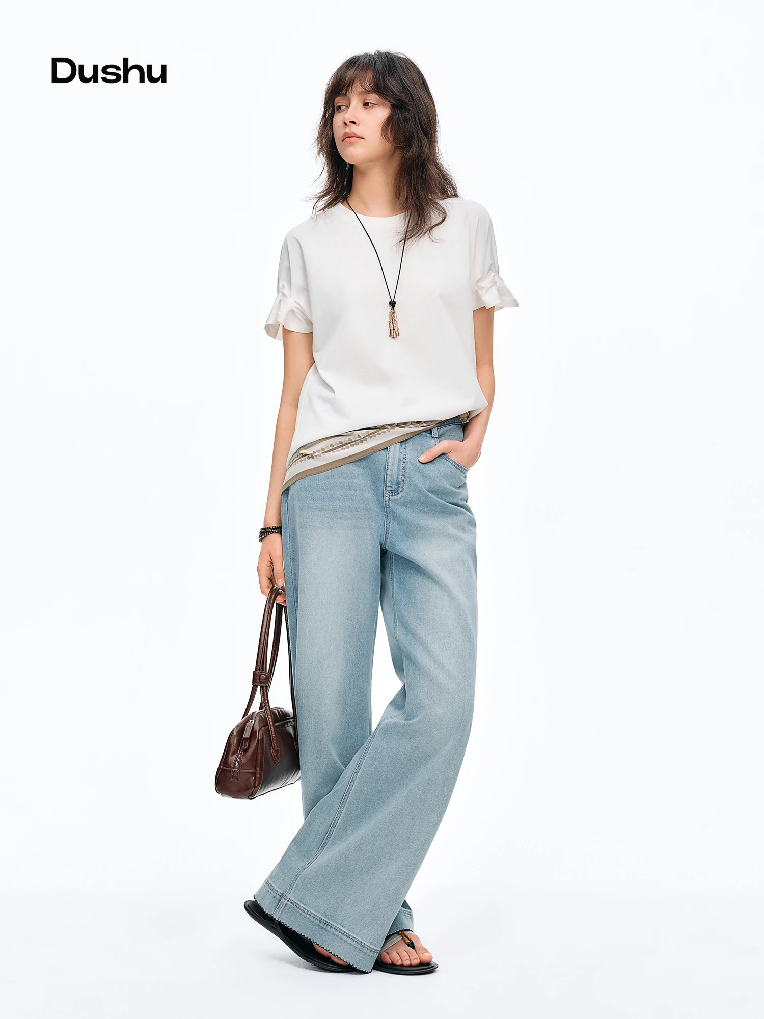 DUSHU 2026 Summer Women's Tuck Detail Cotton T-Shirt - Casual Comfort Fit Top for Daily Wear and Summer Outings