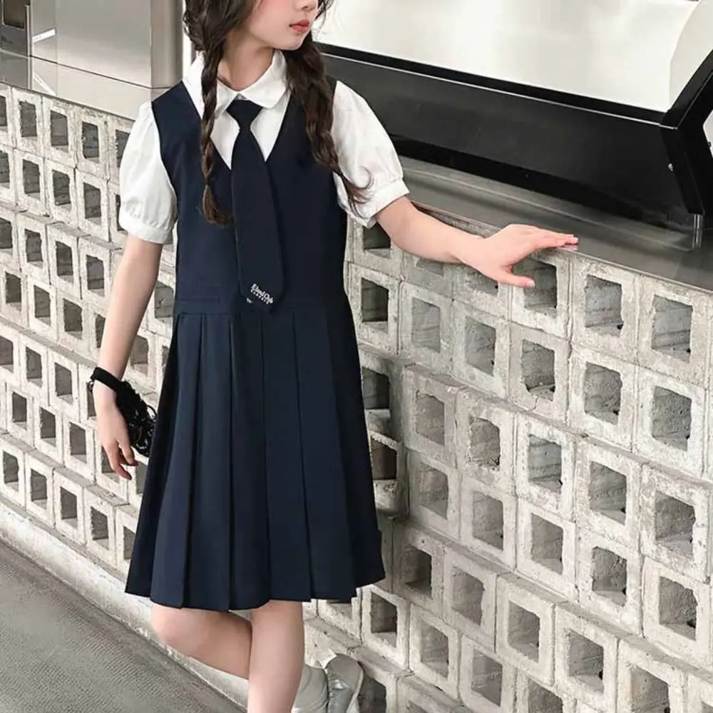 Elegant Pleated Fake Two Dress Preppy Style Teenagers Summer Girls Dresses Skirts Short Sleeve Children A-line Dress Girl