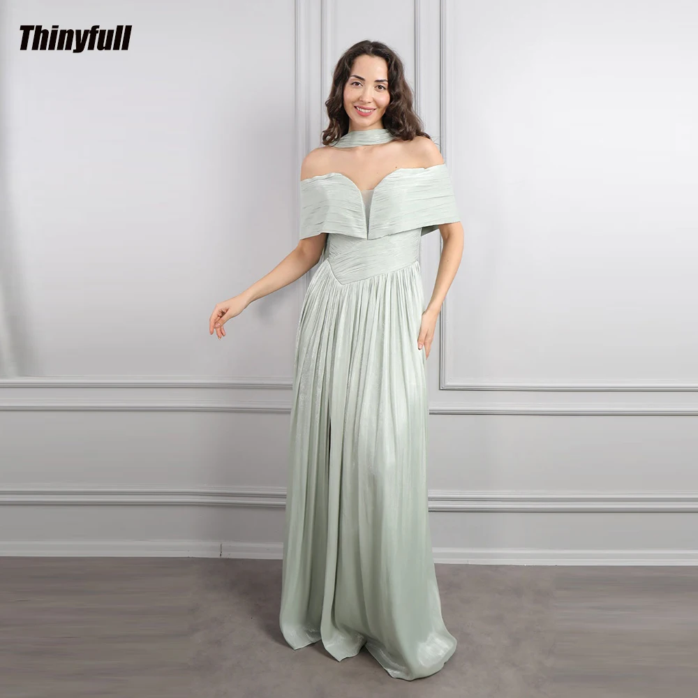 

Thinyfull A-line Arab Prom Dresses Off Shoulder Shiny Satin Evening Gown Long Dubai Formal Dress robes de soirée Customized