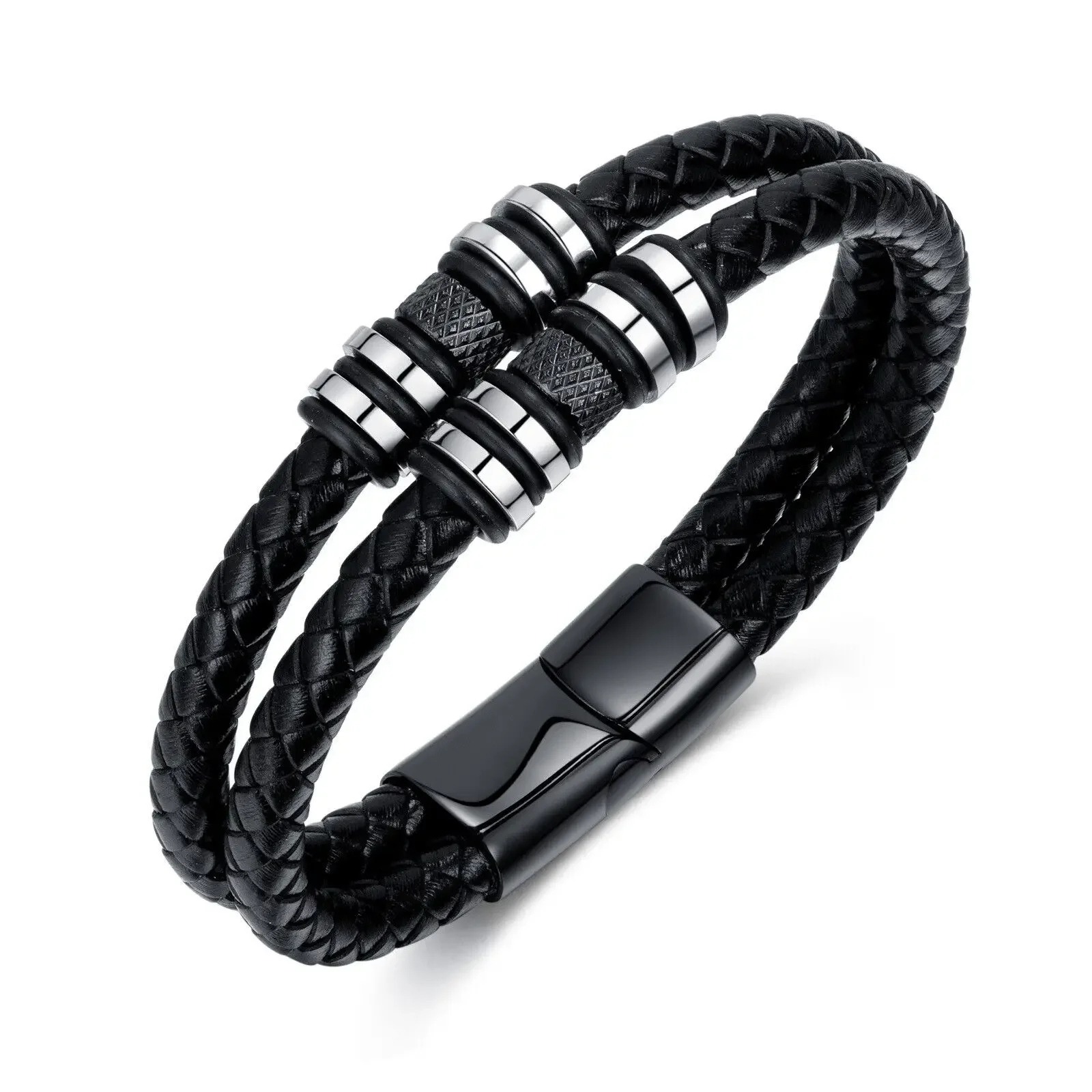 

CHUANGCHENG Hiphop Trendy Black Stainless Steel Handmade Woven Leather Man Bracelet Jewelry