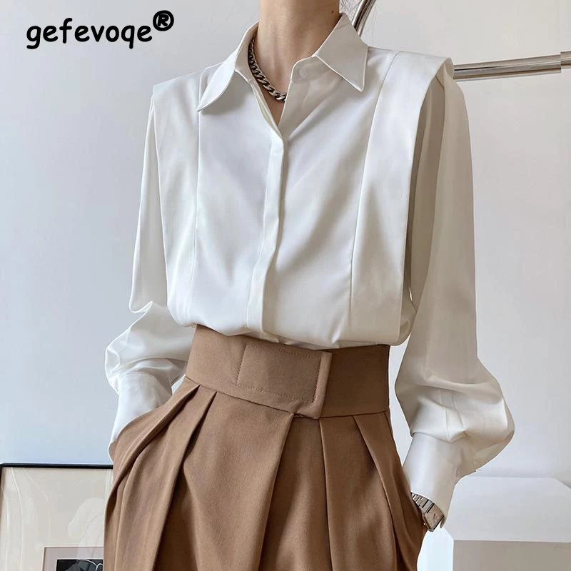 

Vintage Satin Elegant Chic Office Lady Button Up Shirt Fashion Black White Long Sleeve Business Casual Blouses Tops Women Blusas