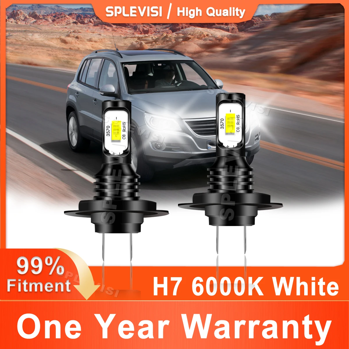 

2x SPLEVISI Car LED Light H7 Headlight High/Low Beam 6000K White 70W 8000LM Compatible For VW Tiguan 5n 2007 2008 2009 2010 2011