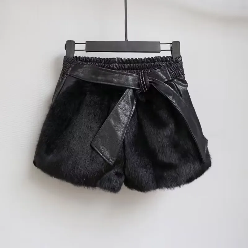 Women Leather Shorts Rabbit fur Style Bottoms Black Short Mujer Casual PU Leather Shorts feminino Sexy High Waist Shorts with