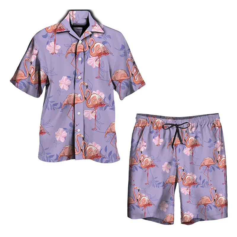 Flamingo Print  Men Suit 3D print Shirt Beach Shorts Oversized luxury 2Pcs set Vacation Hawaiian Streetwear Fashion Man Suits