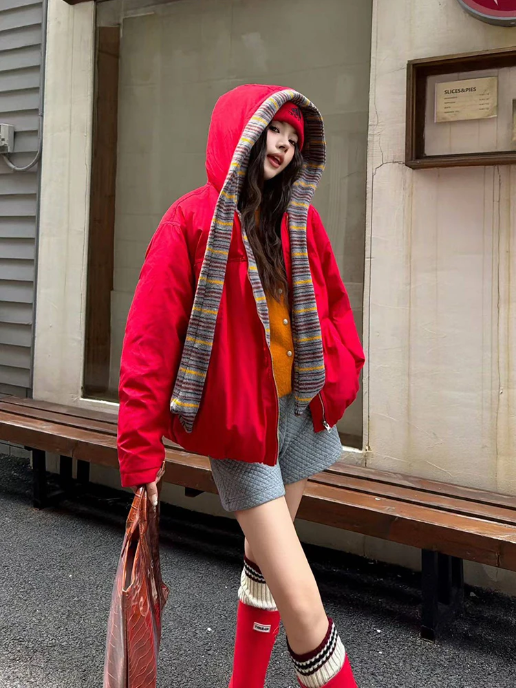 Winter Fashion Double Use Grid Hooded Down Jacket Women Short White Duck Down Outwear Female Loose Warm Thick Zipper Down Jacket