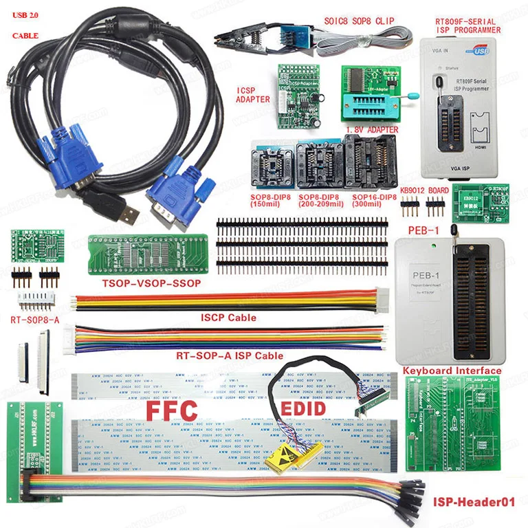 New RT809F LCD ISP USB Programmer with all Adapters Socket + PEB-1 + EDID +