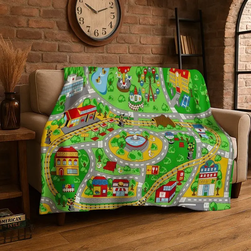 City Traffic Road Highway Runway Map Playmat Playroom Flannel Blanket Soft Throw Blanket for Bedroom Living Room Bed Picnic Nap