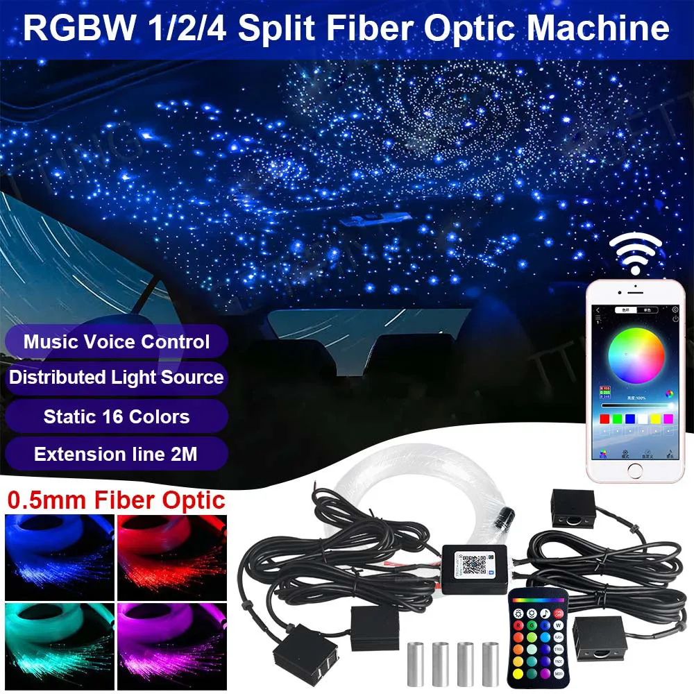 Plafonnier de voiture à fibres optiques Sternenhimmel, 600 étoiles RGBW, 1/2 ports sélectionnables avec synchronisation musicale, télécommande RF 24 touches, éclairage de toit Starlight à fibres optiques pour voiture, DC12V sans découpe, garantie 2 ans, expédié depuis l'Allemagne