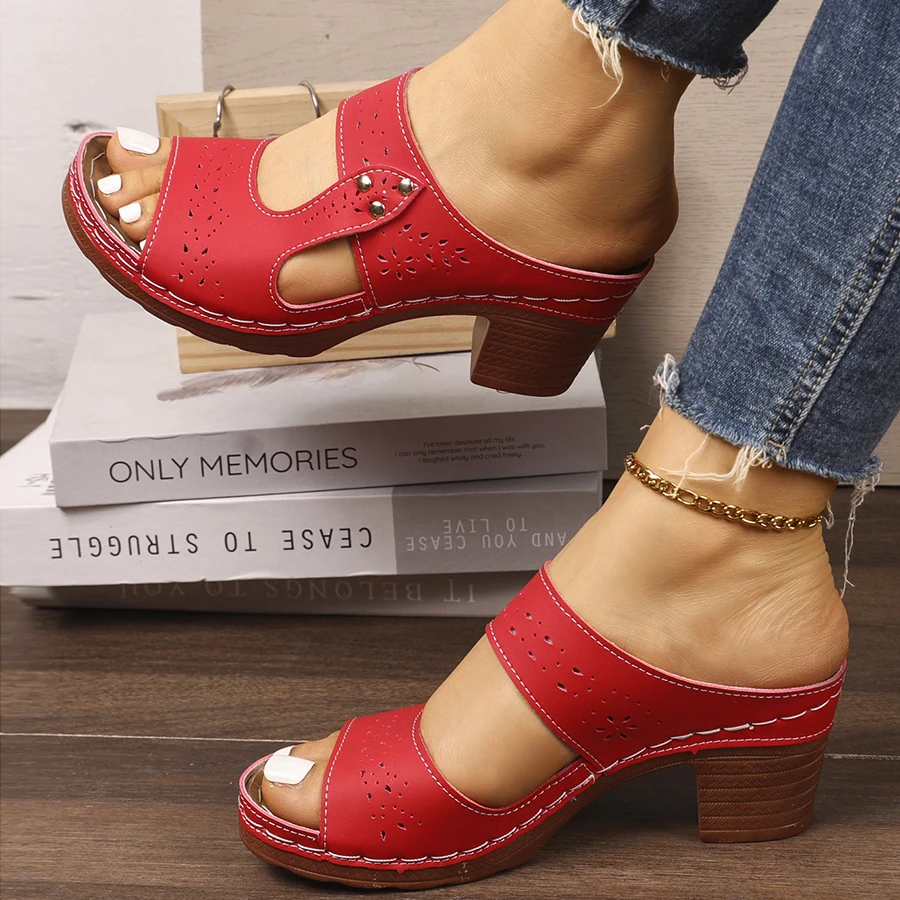 Women Sandals Open Toe Hollow Out Chunky Heel Shoes Fashion Comfortable Slippers Non-Slip Summer Casual Outdoor Shoes Ladies