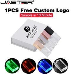 Blue LED USB 3.0 Flash Drive 128GB Free Custom Logo Memory Stick White Box Pen Drive 64GB Crystal Pendrive 32GB Creative Gifts