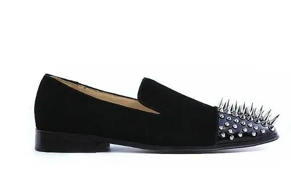 Drop Shipping Black Genuine Leather Suede Sliver Spike Rivet Flat Shoes Men Round Toe Low Top Slip On Patchwork Loafers Flats