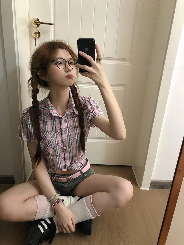 

Корейская женская рубашка в студенческом стиле с коротким рукавом, приталенная, с завышенной талией, летний дизайн, милый стиль, клетчатый узор