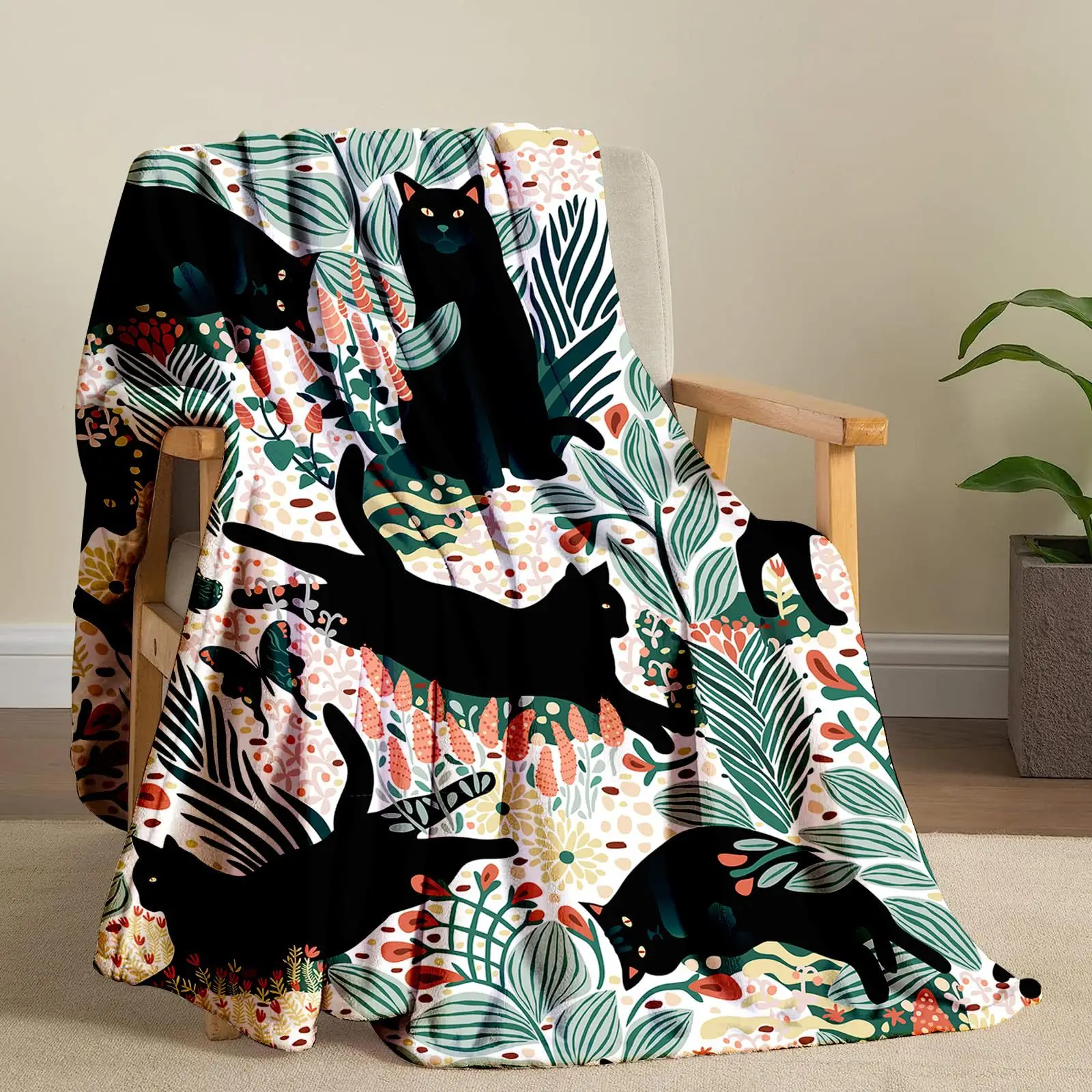 Grassland black cat digital-printed polyester Bedroom velvet flannel soft sofa cover blanket Fleece soft cover blankets for beds