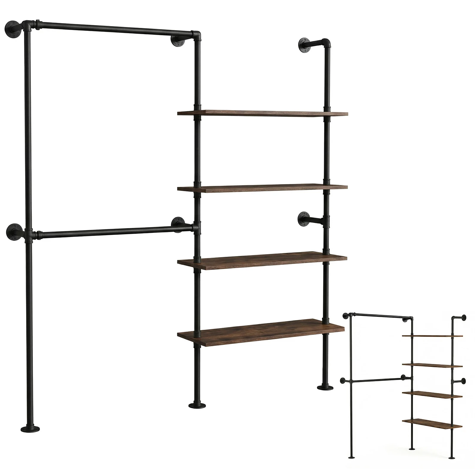 Industrial Pipe Clothing Rack with Double Hanging Rods Display Hanging Garment Rod Metal Wall Clothes Rack Closet Storage System