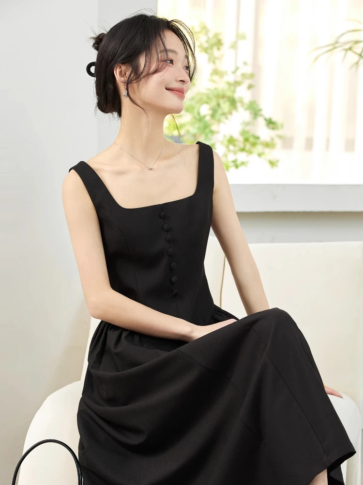 VIMLY Black French Square Neck Suspender Dress 2025 Woman Autumn Sleeveless Waist Vest Buttons Waist Long Ladies Dress A1709