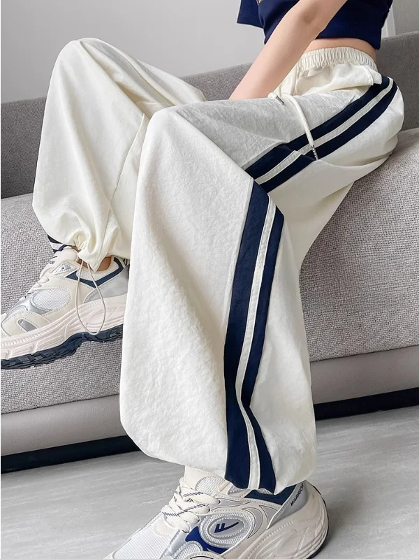 플러스 사이즈 퀵 드라이 아메리칸 스타일 스포츠 팬츠 여성 캐주얼 스트라이프 루즈 아이스 실크 와이드 레그 팬츠 하이 웨이스트 스트레이트 레그