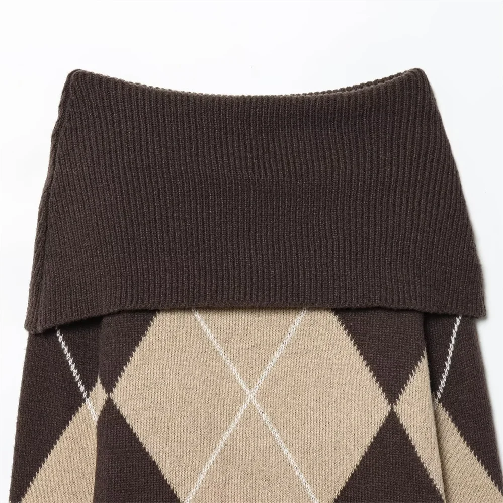 Herfst en winter dames nieuwe casual diamant één woord hals off-shoulder rechte buis geribbelde gebreide trui met lange mouwen