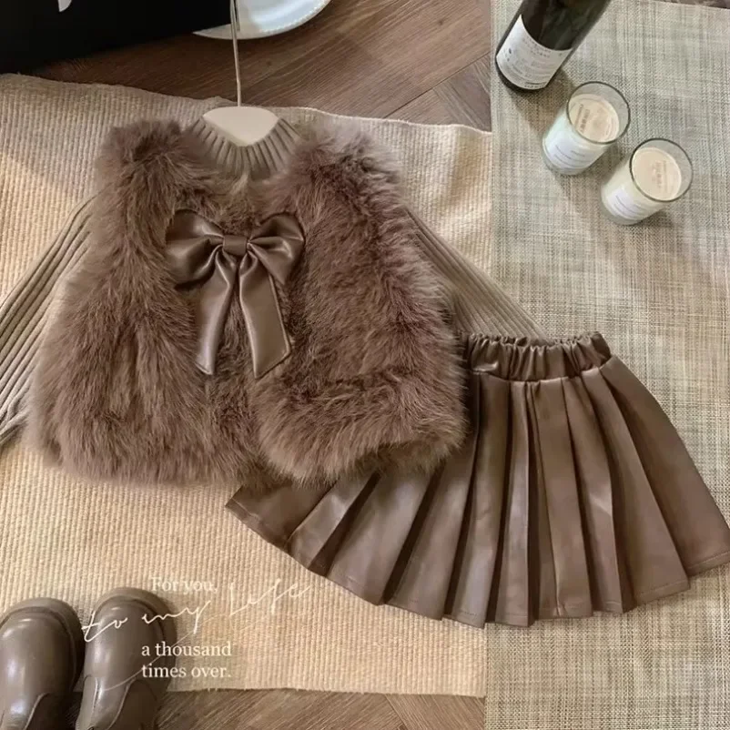 Kid Clothes Suit Korean Style The Girl Suit  Children  Fur Coat Coat Knitted Top Pleated Leather Fashion New Winter Skirt