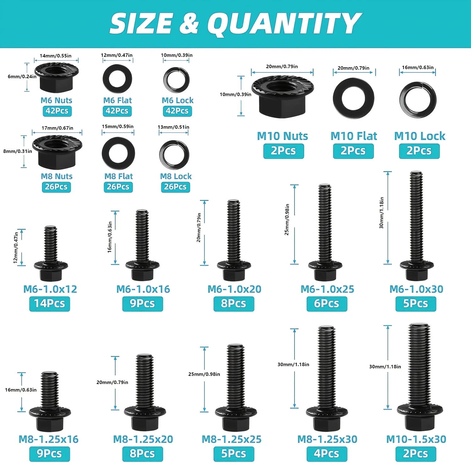 280Pcs Metric Flange Bolt Assortment, M6x1.0, M8x1.25, M10x1.5 (12mm to 30mm) Assorted Hex Bolts and Nuts Washers Kit
