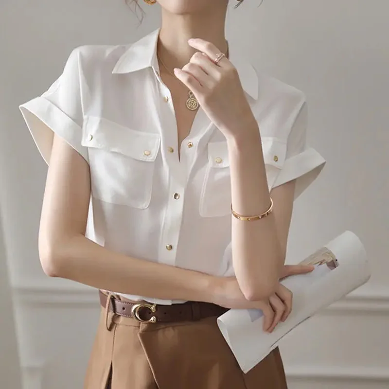 Temperament Chiffon White Shirt Tops Ladies Summer Thin Short Sleeve Polo Neck Loose Solid Blouse Elegant Fashion Women Clothing