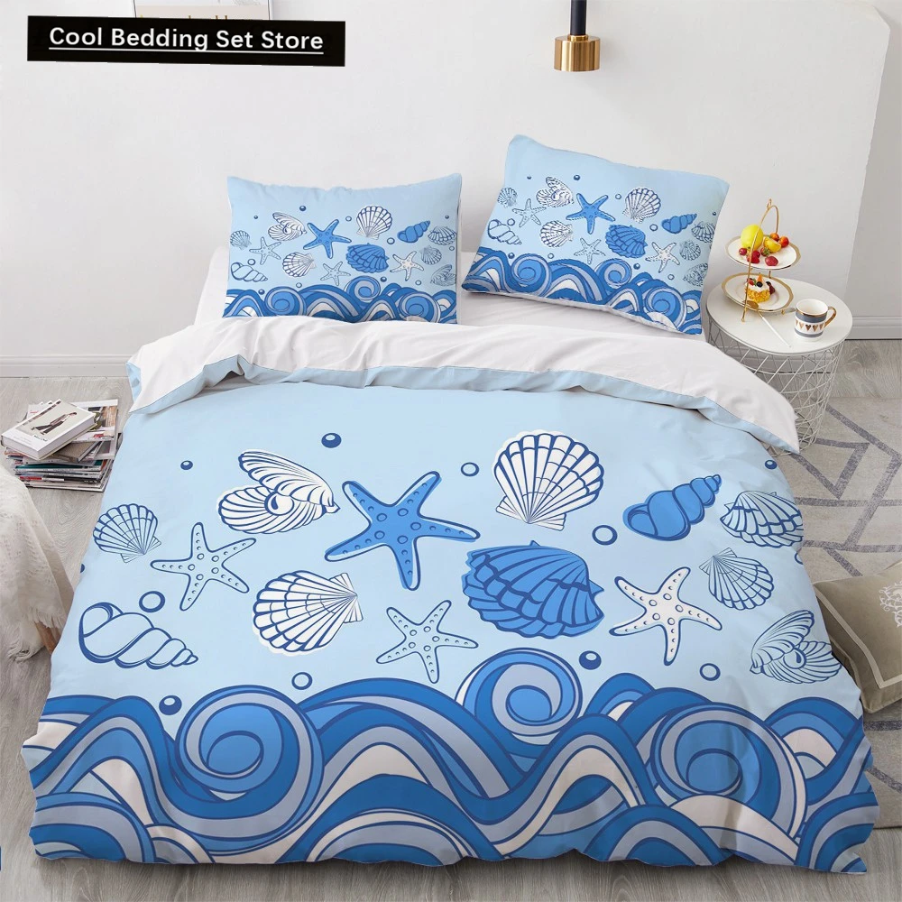 

Blue Ocean King Queen Duvet Cover Cartoon Starfish Shell Bedding Set for Kid Teens Adults Sea Beach 2/3pcs Polyester Quilt Cover