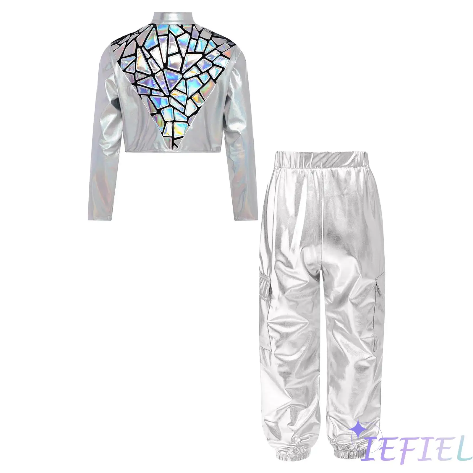 

Unisex Kids Stage Performance Outfit Hip-Hop Jazz Dance Costume Sparkling Lazer Sequins Metallic Cropped Jacket with Shiny Pants