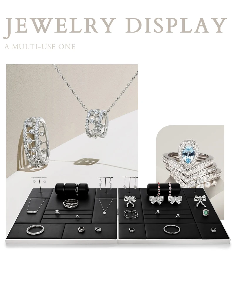Oirlv Leder-Schmuckdisplay-Tablett Schwarz für Ringe, Ohrringe, Armbänder, Halsketten, Armreifen, Quadratisches Schmuckdisplay-Set – Detail 10
