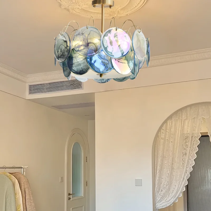 مورانو الوردي الزجاج الثريات جولة الملونة ثريا تركب بالسقف الفرنسية الفاخرة بريق قلادة ضوء لغرفة المعيشة غرفة نوم فيلا #6