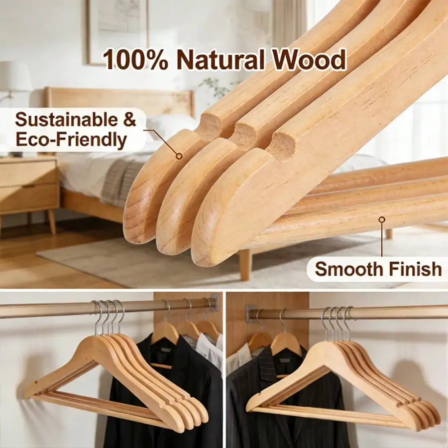 QNRXEB 30/20/10 Premium Natural Wooden Clothes Hangers, Polished Smooth Surface With Anti-Slip Grooves, Sturdy Durable Garment Hanger Pack For Wardrobe Organizing And Daily Clothes Hanging, Suitable For All Adult And Children Outfits view 2