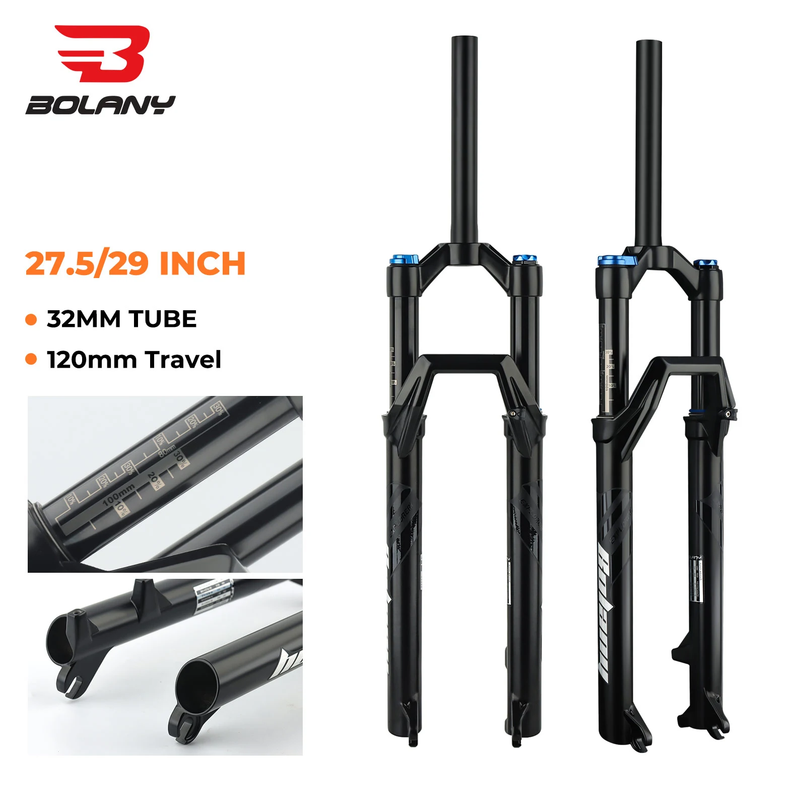 BOLANY MTB Air Fork 26 27.5 29Inch 120mm Travel Air Oil R26 R29 Front Suspension 9x100mm Straight Tube Lightweight Bicycle Fork