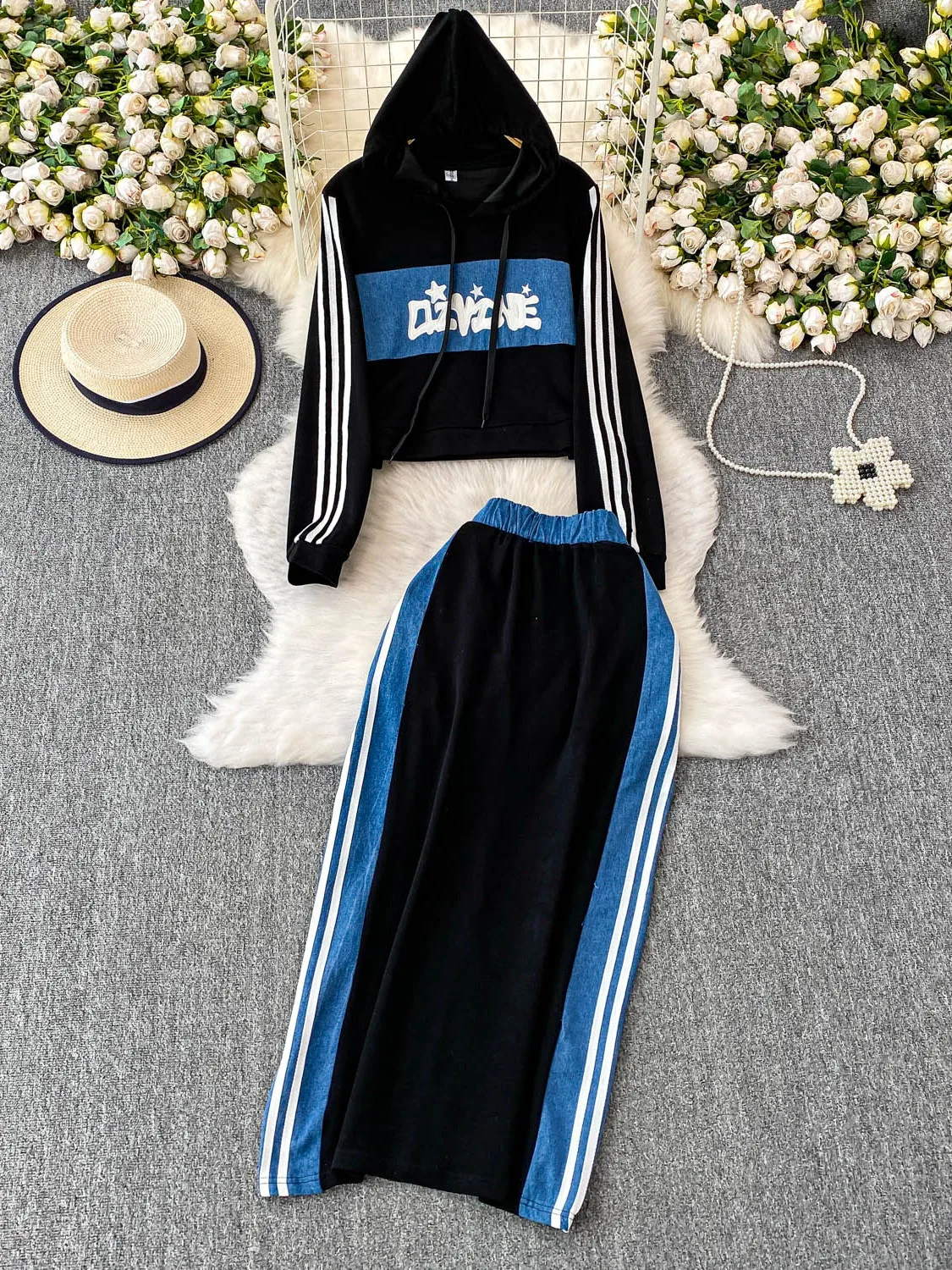 

Faionable осенне-зимний наряд, женская толстовка с капюшоном и джинсовой юбкой ort Svel, комплект с буквенным принтом, длинная термоодежда све