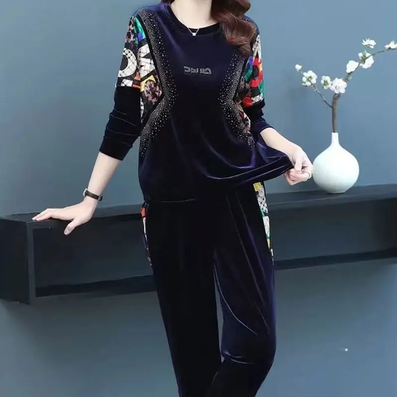 Conjuntos de letras remendos estampados femininos, roupas de manga comprida, calça monocromática, moda casual, calça de viagem, outono, inverno, 2022