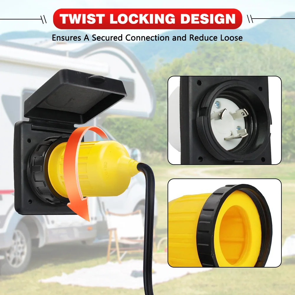 RV 30 AMP Power Inlet 125V Power Plug NEMA L5-30P L5-30R Female Twist Locking Connector with Waterproof Cover Boot Kit