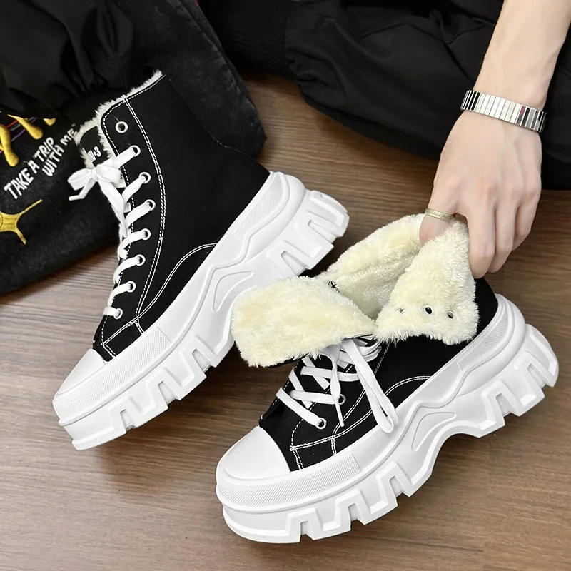 

2024 new thick soled canvas couple shoes high top oversized for men and women suede snow boots interior height increasing shoes