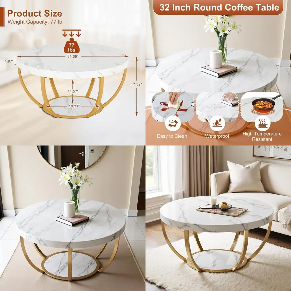 

32 Двухуровневый журнальный столик с мраморной столешницей и местом для хранения вещей, белый и золотой акцент для гостиной