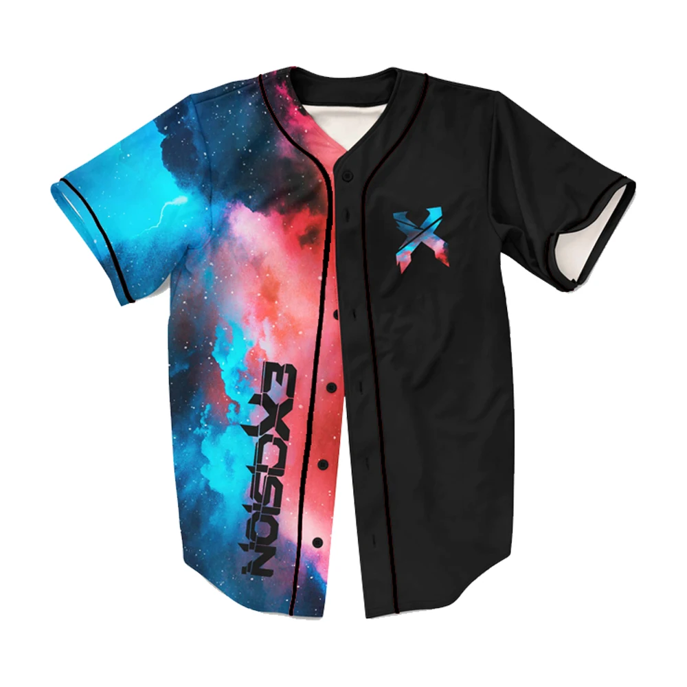 Excision Red and Blue Galactic Split Rave Jersey For EDM Festivals V-Neck Short Sleeve Shirts Women Men Hip Hop Streetwear