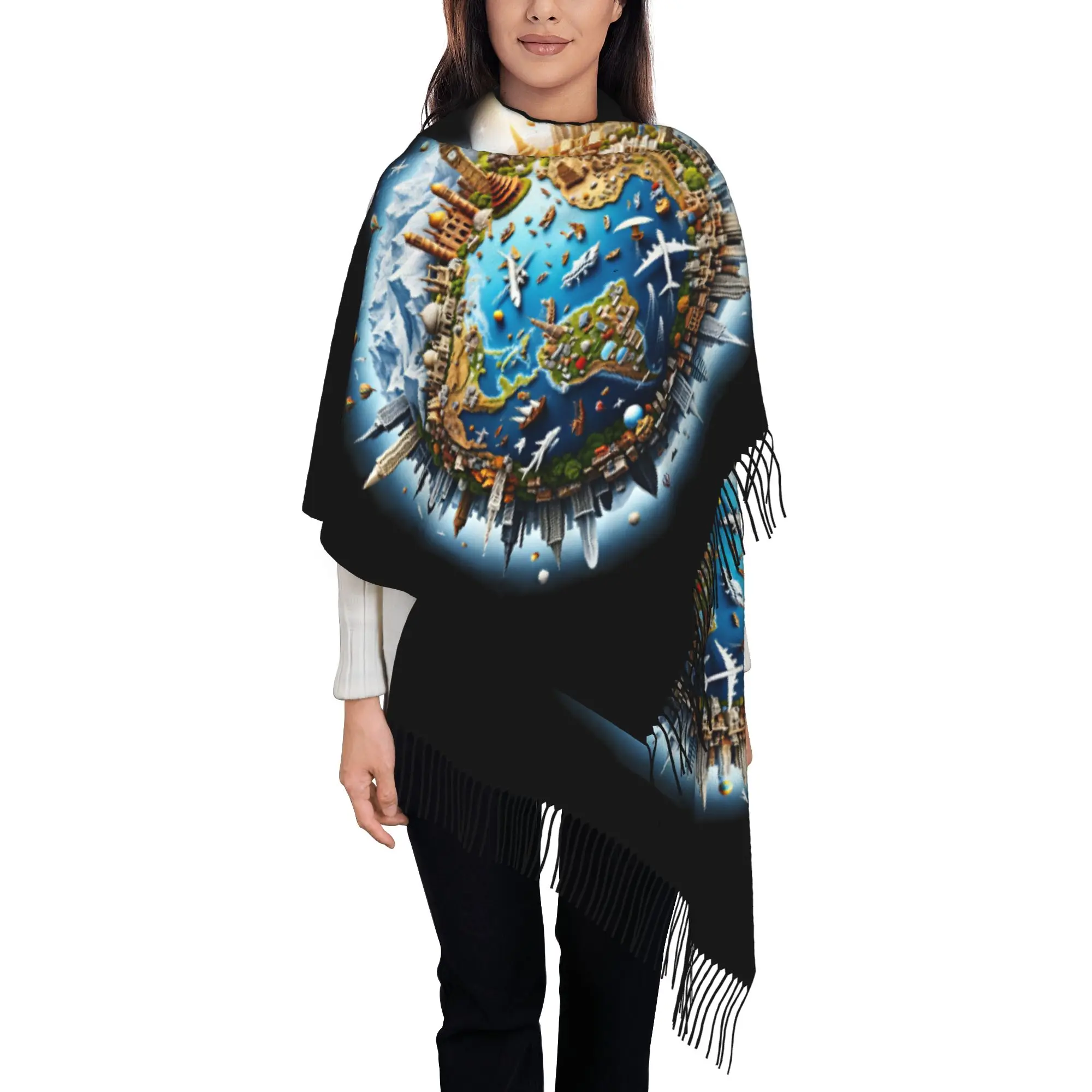 Custom Female Long Surreal 3D Globe World Landmarks Travel Print Scarves Women Winter Fall Thick Warm Tassel Shawl Wrap  Scarf