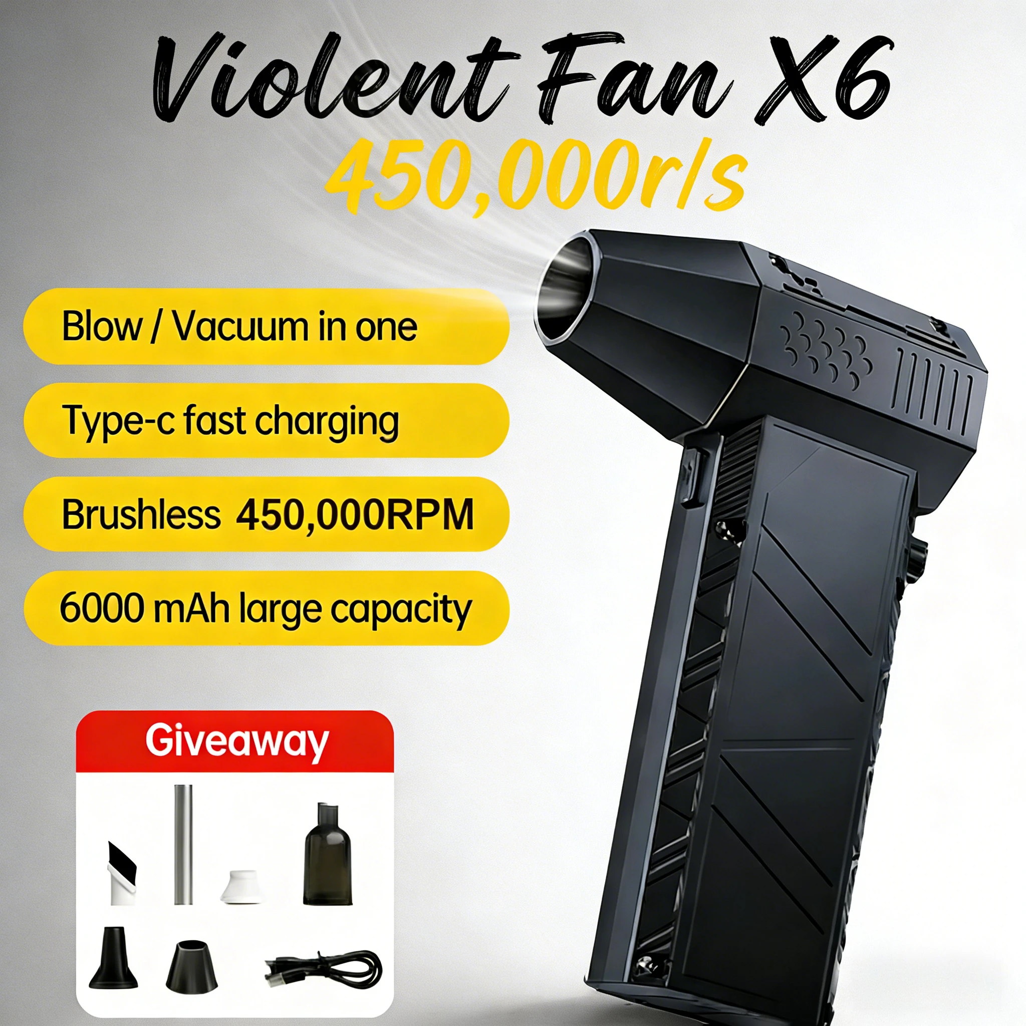 

X6 Snowy Hurricane Camping Fan 800000RPM 150W 53m/s High-Speed 6000mAh Type-C Rechargeable Outdoor Tent Fan