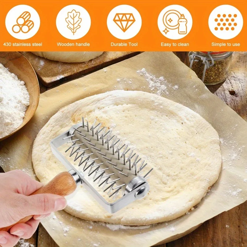 1pc Pizza Dough Roller Stainless Steel Pizza Dough Hole Maker Professional Pizza Pin Puncher for Cookie Cake Pie Pastry Bread