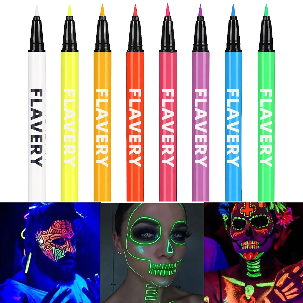1Pc Halloween Fluorescent Color UV Eyeliner Waterproof and Sweat-proof Face Paint Pen Matte Glowing Neon Liquid Eyeliner 8 Color