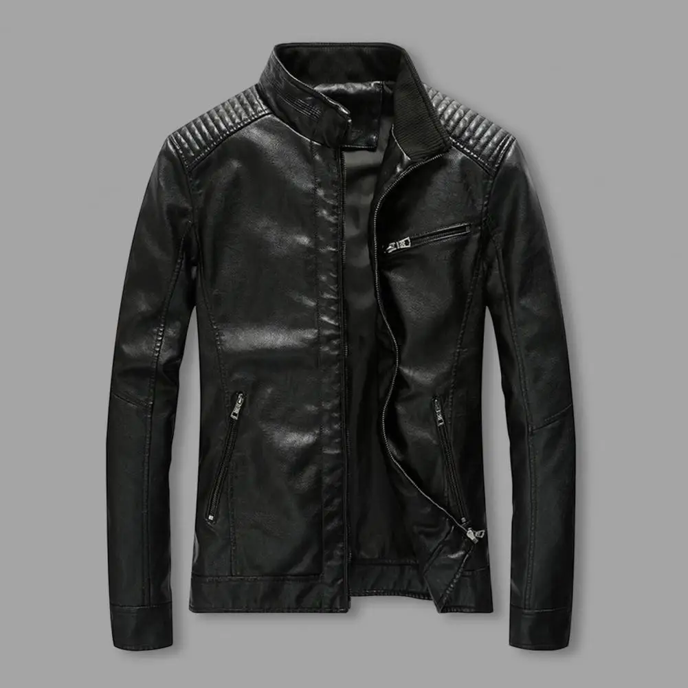 New in Men Faux Leather Jacket Stand Collar Pleated Shoulder Long Sleeve Zipper Placket Coat with Pockets Outwear 2024