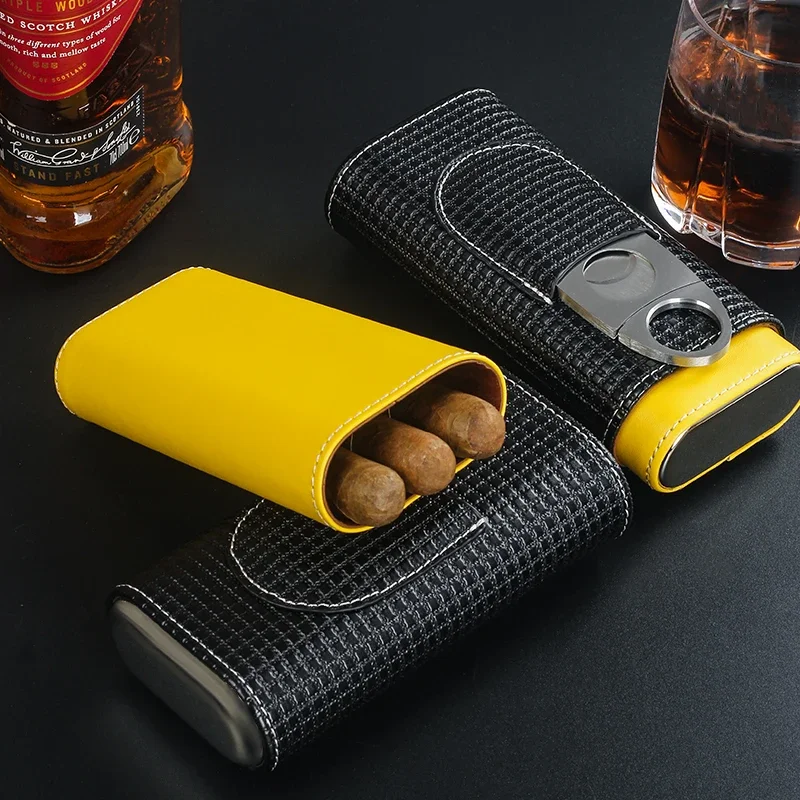 Portable Cigar Case 3 Hold PU Leather Cigar Box Outdoor Travel Humidor Storage Case Cigar Tube with Cutter