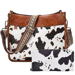 2pcs Cow Pattern Shoulder Bag, Fashion Casual Faux Leather Crossbody Bag With Vintage Strap, Women's Versatile Handbag & Purse