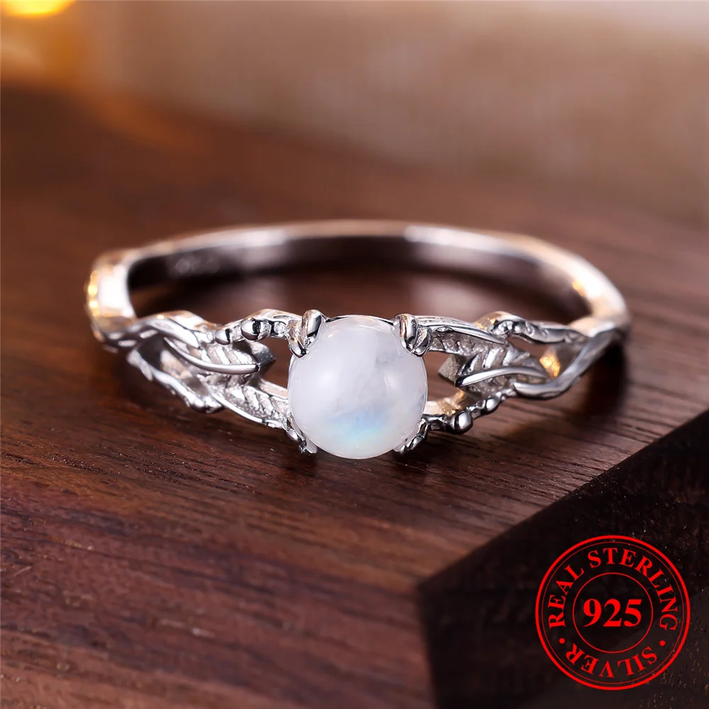 Cute Female Small Round Nature Moon Stone Round Ring Vintage Real 925 Sterling Silver Wedding Jewelry For Women