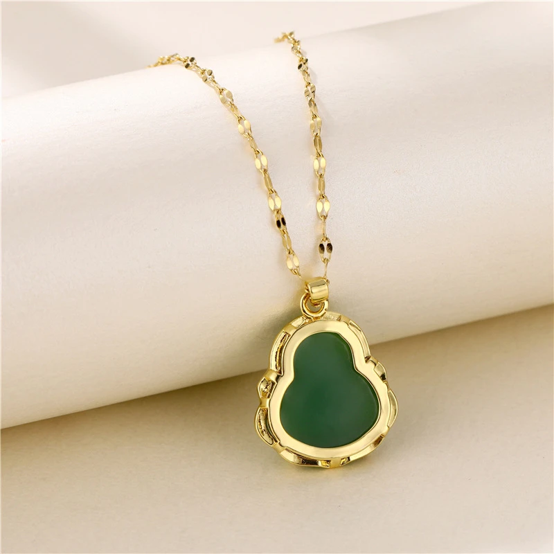 Vintage Green Smiling Maitreya Buddha Pendant Stainless Steel Necklaces For Women Lucky Guard Female Clavicle Chain Jewelry Gift