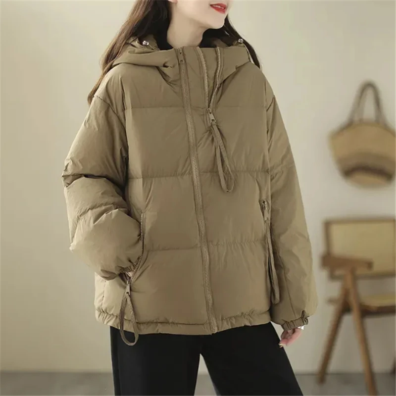 Winter Cotton-Padded Jacket Women 2023 New Fashion Loose Hooded Outerwear Zipper Pocket Coat Pure Colour Parka Overcoat Female